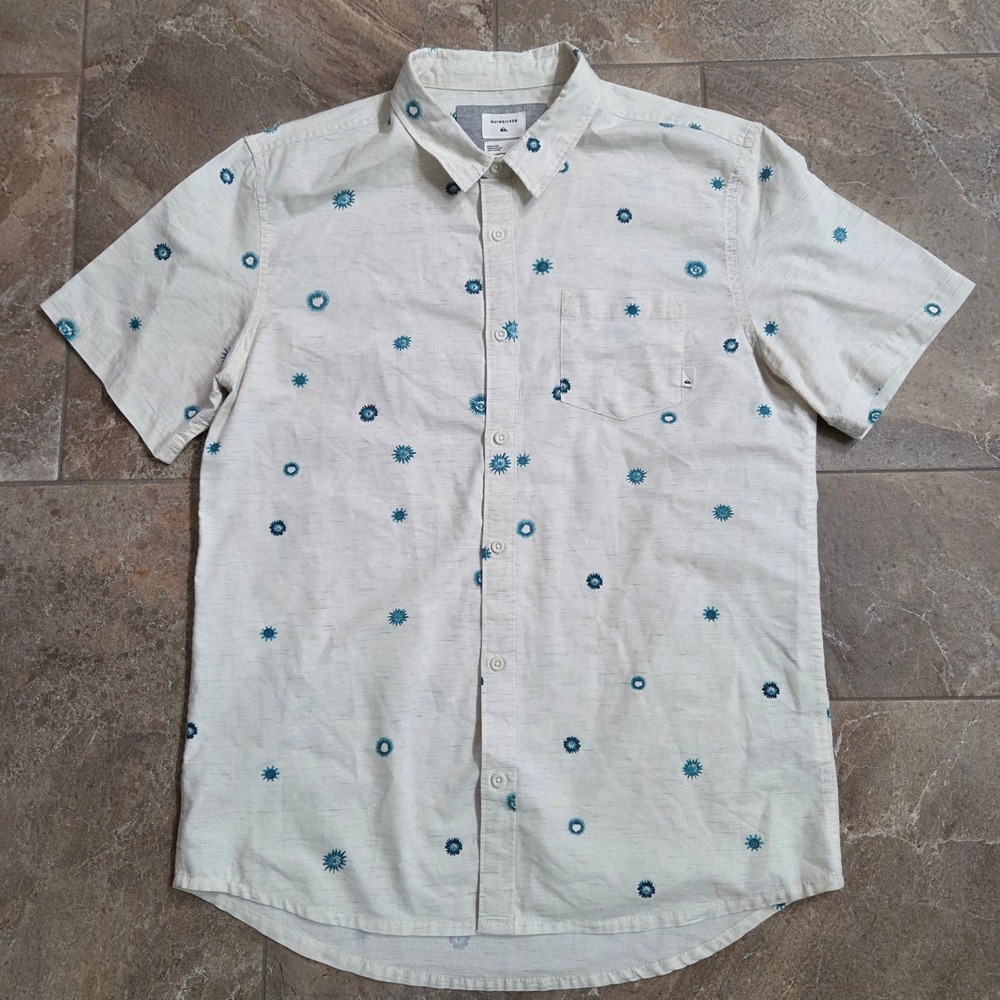 Quiksilver Men's Short Sleeve Button Up Shirt Regular Fit Sun Print Size L Beach